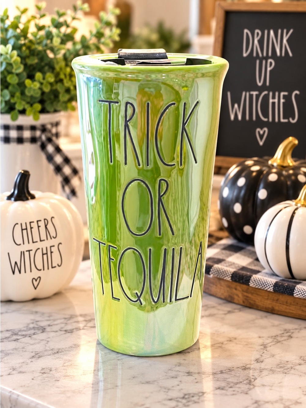 NEW Rae Dunn “TRICK OR TEQUILA” Green Iridescent Travel Mug Halloween Tumbler